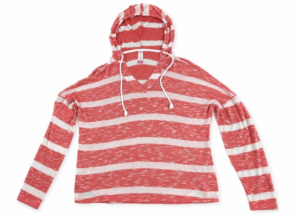 No Boundaries Girls L 11-13 Pink White Striped Hooded V-Neck Lightweight Sweater